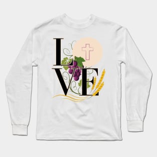 Eucharist LOVE Typography Host Wheat Grapes Long Sleeve T-Shirt